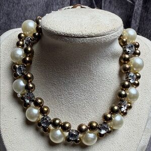 Pearl and Gold Crystal Collar Necklace - Ivory and Gold